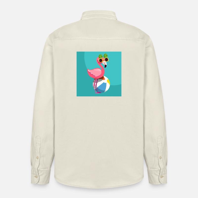 Flamant rose, son ballon et ses lunettes ananas - Chemise unisexe coupe décontractée bio Stanley/Stella - écru doux
