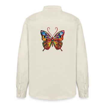 The Colorful Butterfly - Relaxed Fit Unisex Organic Shirt by Stanley/Stella - soft Ecru - Back - AI Model Male 178 light (178cm)