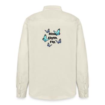 Rise. Fight. Fly - Butterfly - Relaxed Fit Unisex Organic Shirt by Stanley/Stella - soft Ecru - Back - AI Model Male 178 light (178cm)