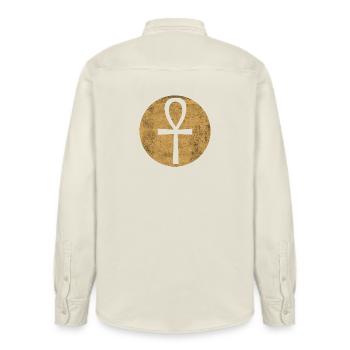 Croix égyptienne Ankh dans cercle doré - Chemise unisexe coupe décontractée bio Stanley/Stella - écru doux - Dos - AI Model Male 178 light (178cm)