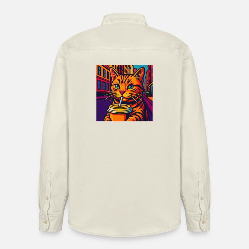 Lebhafte Stadtkatze mit Getränk, liebe Katzen - Relaxed Fit Unisex Organic Hemd von Stanley/Stella - Natur