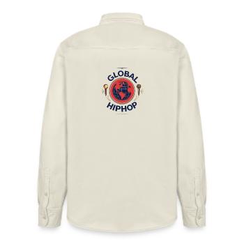 Global HipHop Globus Mikrofone - Relaxed Fit Unisex Organic Hemd von Stanley/Stella - Natur - Hinten - AI Model Male 178 light (178cm)