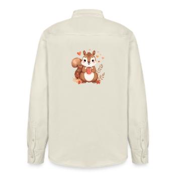 Autumnal squirrel with hot cocoa - Relaxed Fit Unisex Organic Shirt by Stanley/Stella - soft Ecru - Back - AI Model Male 178 light (178cm)