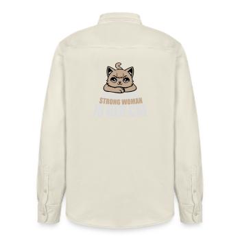 Behind Every Strong Woman Is Her Cat Spruch Katze - Relaxed Fit Unisex Organic Shirt by Stanley/Stella - soft Ecru - Back - AI Model Male 178 light (178cm)