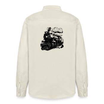Train - Relaxed Fit Unisex Organic Shirt by Stanley/Stella - soft Ecru - Back - AI Model Male 178 light (178cm)