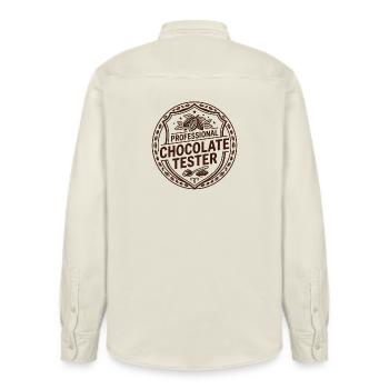 Barre de chocolat Cuisson de barres chocolatées - Chemise unisexe coupe décontractée bio Stanley/Stella - écru doux - Dos - AI Model Male 178 light (178cm)