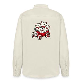 Cat Family in Vintage Red Car - Relaxed Fit Unisex Organic Shirt by Stanley/Stella - soft Ecru - Back - AI Model Male 178 light (178cm)