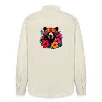 Tropical bear head with hibiscus flowers - Relaxed Fit Unisex Organic Shirt by Stanley/Stella - soft Ecru - Back - AI Model Male 178 light (178cm)