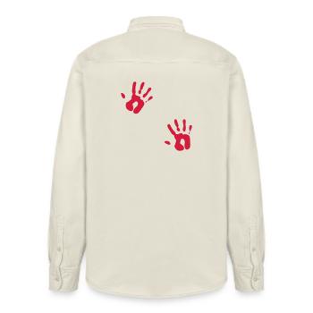Bloody Red Hand Prints - Relaxed Fit Unisex Organic Shirt by Stanley/Stella - soft Ecru - Back - AI Model Male 178 light (178cm)