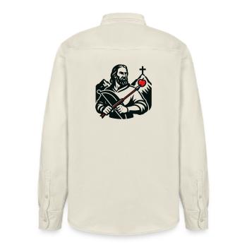 Legendary figure of Switzerland - Relaxed Fit Unisex Organic Shirt by Stanley/Stella - soft Ecru - Back - AI Model Male 178 light (178cm)