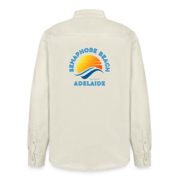 Semaphore Beach Adelaide Sunset - Relaxed Fit Unisex Organic Shirt by Stanley/Stella - soft Ecru - Back - AI Model Male 178 light (178cm)