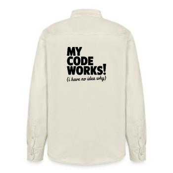 My Code Works! (I Have No Idea Why) - Relaxed Fit Unisex Organic Shirt by Stanley/Stella - soft Ecru - Back - AI Model Male 178 light (178cm)