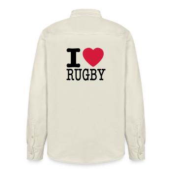 I love rugby - I love rugby - Relaxed Fit Unisex Organic Shirt by Stanley/Stella - soft Ecru - Back - AI Model Male 178 light (178cm)
