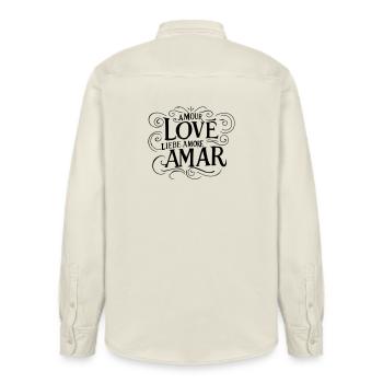 Love Amour Liebe - Langages universels de l’amour - Chemise unisexe coupe décontractée bio Stanley/Stella - écru doux - Dos - AI Model Male 178 light (178cm)
