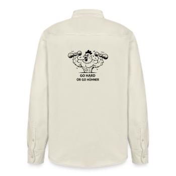 Pumpen Fitness Go Hard or go Hühner - Relaxed Fit Unisex Organic Hemd von Stanley/Stella - Natur - Hinten - AI Model Male 178 light (178cm)