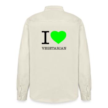 I LOVE VEGETARIAN Vegetarisch Vegetarier - Relaxed Fit Unisex Organic Shirt by Stanley/Stella - soft Ecru - Back - AI Model Male 178 light (178cm)