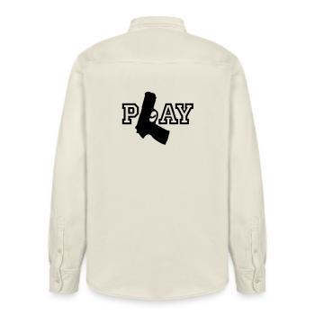 Play | Gun | Waffe - Relaxed Fit Unisex Organic Shirt by Stanley/Stella - soft Ecru - Back - AI Model Male 178 light (178cm)