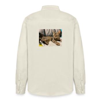 Cozy tiger cat in the light - Relaxed Fit Unisex Organic Shirt by Stanley/Stella - soft Ecru - Back - AI Model Male 178 light (178cm)