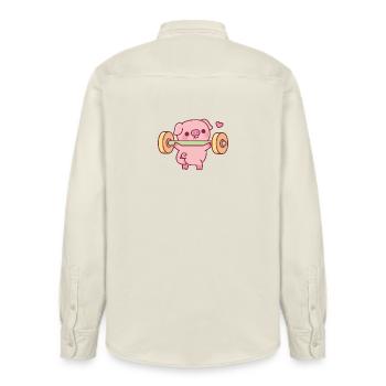 Funny Piggy Doing Squats With Weights - Relaxed Fit Unisex Organic Shirt by Stanley/Stella - soft Ecru - Back - AI Model Male 178 light (178cm)