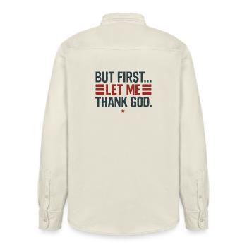 But First Thank God - Relaxed Fit Unisex Organic Shirt by Stanley/Stella - soft Ecru - Back - AI Model Male 178 light (178cm)