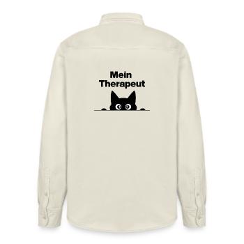 MY THERAPIST IS MY CAT! 😻 FUR NOSE PAW - Relaxed Fit Unisex Organic Shirt by Stanley/Stella - soft Ecru - Back - AI Model Male 178 light (178cm)