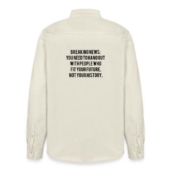 Motivational saying - Relaxed Fit Unisex Organic Shirt by Stanley/Stella - soft Ecru - Back - AI Model Male 178 light (178cm)