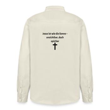 Minimalist crucifix illustration on skin - Relaxed Fit Unisex Organic Shirt by Stanley/Stella - soft Ecru - Back - AI Model Male 178 light (178cm)