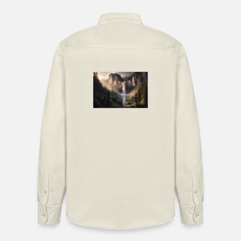 Poster Ölgemälde Berglandschaft mit Wasserfall - Relaxed Fit Unisex Organic Hemd von Stanley/Stella - Natur
