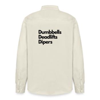 Dumbbells Deadlifts Diapers Gym Dad Tee - Relaxed Fit Unisex Organic Shirt by Stanley/Stella - soft Ecru - Back - AI Model Male 178 light (178cm)