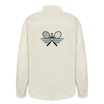 Badminton Emblem – Crossed Rackets & Shuttlecock - Relaxed Fit Unisex Organic Shirt by Stanley/Stella - soft Ecru - Back - AI Model Male 178 light (178cm)