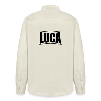 nom du t-shirt Idée cadeau de t-shirt Luca - Chemise unisexe coupe décontractée bio Stanley/Stella - écru doux - Dos - AI Model Male 178 light (178cm)