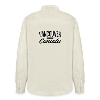 Vancouver Canada Retro Lettering Design - Relaxed Fit Unisex Organic Shirt by Stanley/Stella - soft Ecru - Back - AI Model Male 178 light (178cm)