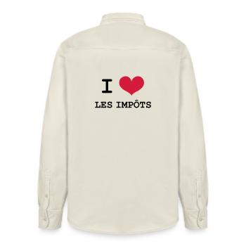 I Love les impôts - Chemise unisexe coupe décontractée bio Stanley/Stella - écru doux - Dos - AI Model Male 178 light (178cm)