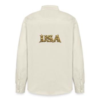 USA Skull Vine Gothic Logo - Relaxed Fit Unisex Organic Shirt by Stanley/Stella - soft Ecru - Back - AI Model Male 178 light (178cm)