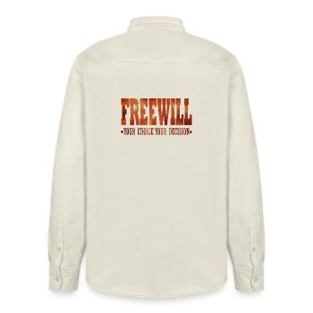 FreeWill - Relaxed Fit Unisex Organic Shirt by Stanley/Stella - soft Ecru - Back - AI Model Male 178 light (178cm)