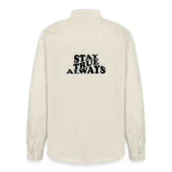 Stay True Always – Authentic Statement Design - Relaxed Fit Unisex Organic Shirt by Stanley/Stella - soft Ecru - Back - AI Model Male 178 light (178cm)