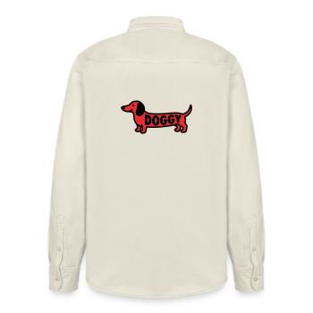 Dachshund Dog Doggy Saying Red - Relaxed Fit Unisex Organic Shirt by Stanley/Stella - soft Ecru - Back - AI Model Male 178 light (178cm)
