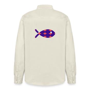 FISH - Relaxed Fit Unisex Organic Shirt by Stanley/Stella - soft Ecru - Back - AI Model Male 178 light (178cm)