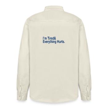 Relatable Fatigue Quote in Deep Blue - Relaxed Fit Unisex Organic Shirt by Stanley/Stella - soft Ecru - Back - AI Model Male 178 light (178cm)