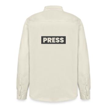 Press Design Saying "PRESS" Media News Journalists - Relaxed Fit Unisex Organic Shirt by Stanley/Stella - soft Ecru - Back - AI Model Male 178 light (178cm)