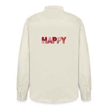 Happy Fabric Look Typography Trend - Relaxed Fit Unisex Organic Shirt by Stanley/Stella - soft Ecru - Back - AI Model Male 178 light (178cm)