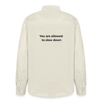 Mindful Reminder | You are allowed to slow down - Relaxed Fit Unisex Organic Shirt by Stanley/Stella - soft Ecru - Back - AI Model Male 178 light (178cm)