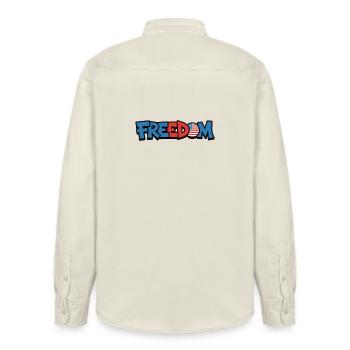 Freedom Typography Statement Design - Relaxed Fit Unisex Organic Shirt by Stanley/Stella - soft Ecru - Back - AI Model Male 178 light (178cm)