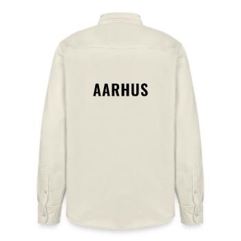 Aarhus Denmark Minimal Typography - Relaxed Fit Unisex Organic Shirt by Stanley/Stella - soft Ecru - Back - AI Model Male 178 light (178cm)
