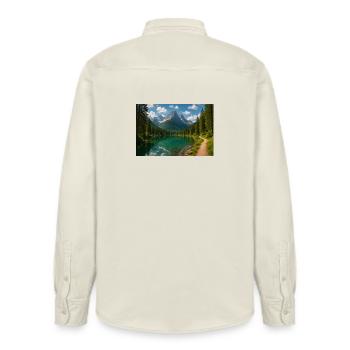 Mountain lake path in the forest - Relaxed Fit Unisex Organic Shirt by Stanley/Stella - soft Ecru - Back - AI Model Male 178 light (178cm)