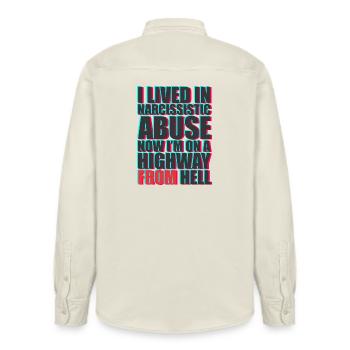 Bold Text Protest Message Design - Relaxed Fit Unisex Organic Shirt by Stanley/Stella - soft Ecru - Back - AI Model Male 178 light (178cm)