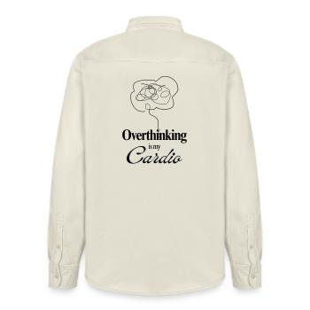Overthinking is my Cardio Mental Health Humor Tee - Relaxed Fit Unisex Organic Shirt by Stanley/Stella - soft Ecru - Back - AI Model Male 178 light (178cm)