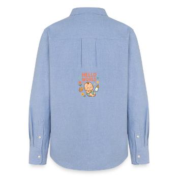 Hello World Baby-Kinderzimmer-Illustration - Frauen Oxford Hemd - Carolina Blue - Hinten - AI Model Female 172 light (172cm)