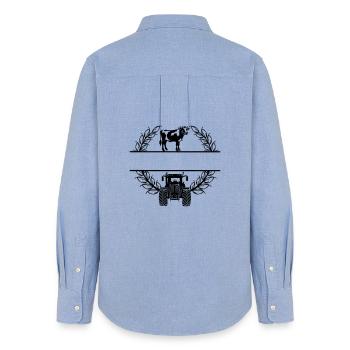 Laurel Wreath with Cow and Tractor – Own Text - Women's Oxford Shirt - carolina blue - Back - AI Model Female 172 light (172cm)