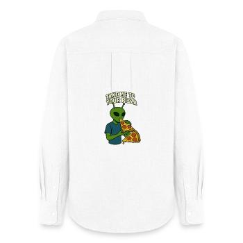 Alien Pizza T-Shirt Design with Slogan  - Women's Oxford Shirt - white - Back - AI Model Female 172 light (172cm)